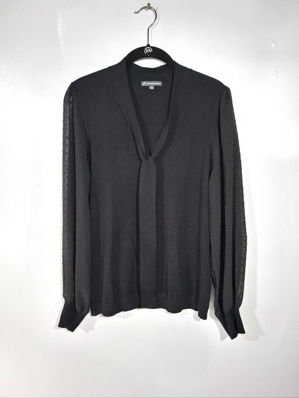 Adrianna Papell Sz L Clip Dot Long Sleeve Sweater Sheer Sleeve Black Tie Neck